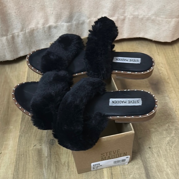 Steve Madden Womens Enite Faux Fur Slip On‎ Slide Sandals 8.5 casual black - Picture 1 of 6